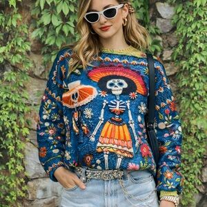 DAY OF THE DEAD Sugar Skill Crewneck Rounded Hem Sweater, L